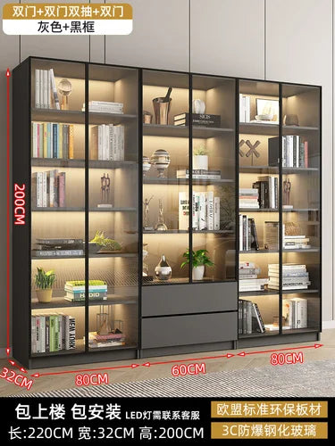 Glass door, light luxury bookcase, living room, floor to wall, dustproof bookcase, bookshelf