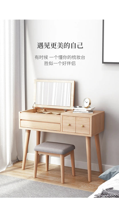 Qf Modern Minimalist Solid Wood Dresser Desk Integrated Mirror Foldable Makeup Table