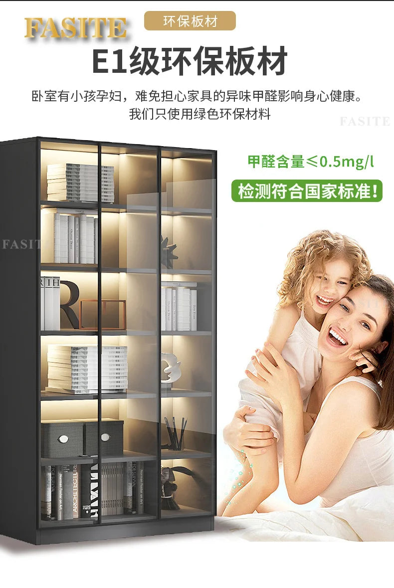 Glass door, light luxury bookcase, living room, floor to wall, dustproof bookcase, bookshelf