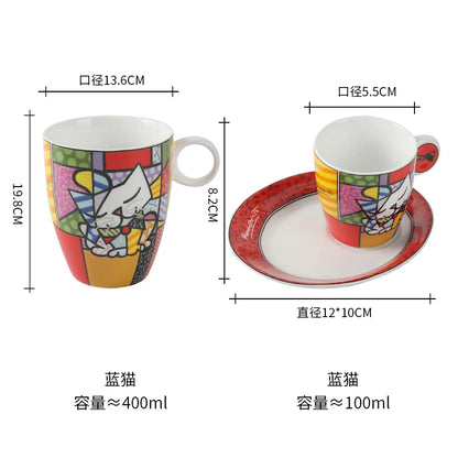 German Blue Cat European Creative Mini Ceramic Coffee Cup Tea Cups and Saucer Sets  Coffee Cup  Cute Cup  Teacup Mug