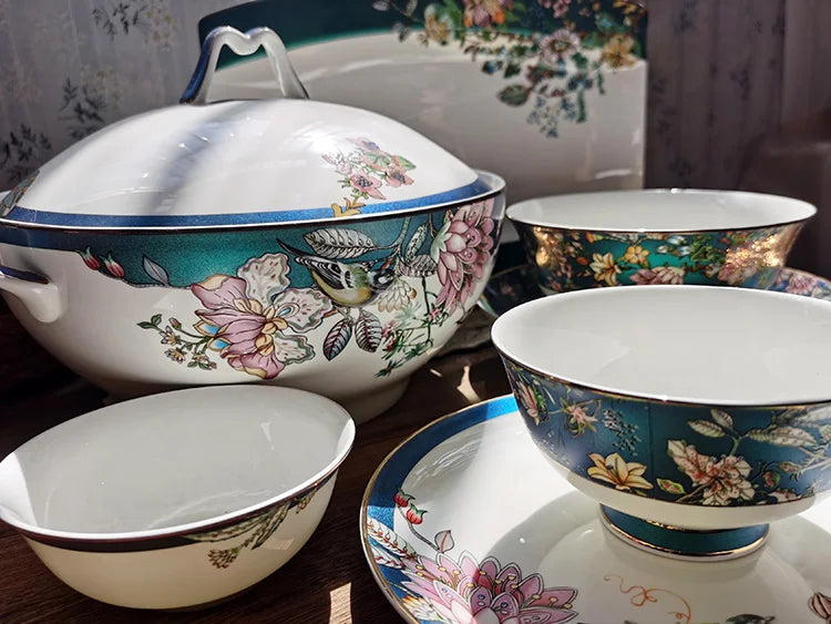 Bone china tableware Chinese style pastoral style 4.5 inch rice bowl flower bird embossed flower 8 inch plate 12 inch fish plate