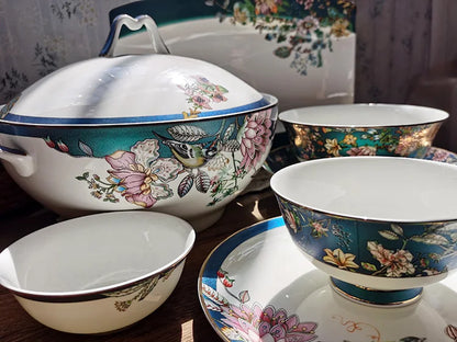 Bone china tableware Chinese style pastoral style 4.5 inch rice bowl flower bird embossed flower 8 inch plate 12 inch fish plate