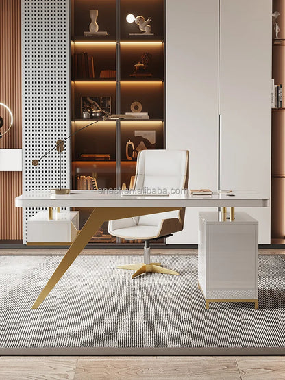 Modern Design Luxury Gold Stainless Steel Computer Table Working Desk with sintered stone for home office furniture set