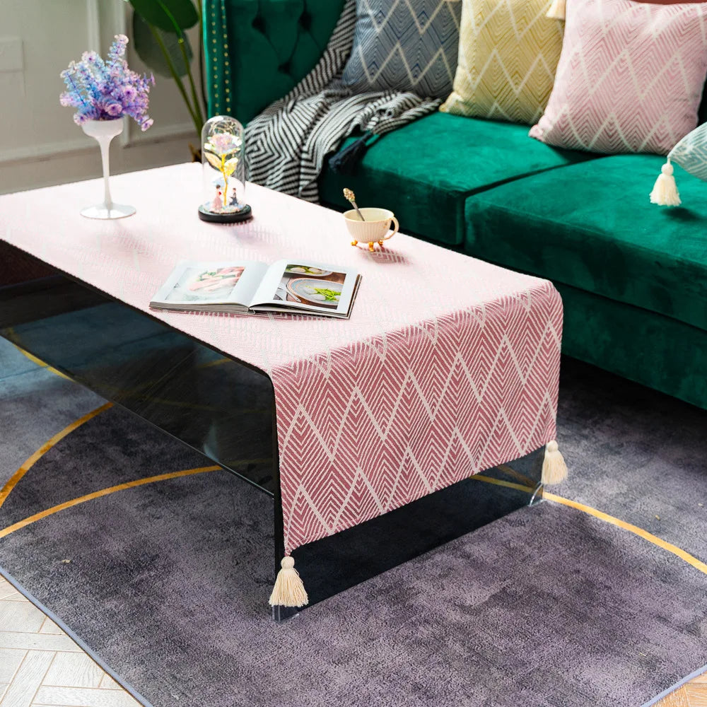 Cotton Linen Coffee Table Cloth,Coffee Table Cover with Tassels TV Cabinet Waterproof Rectangle Wavy Tablecloths
