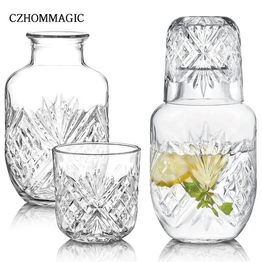 550ml Diamond Bedside Water Carafe and Glass Set for Bedroom Nightstand Vintage Night Water Pitcher with Tumbler Cup for Juice