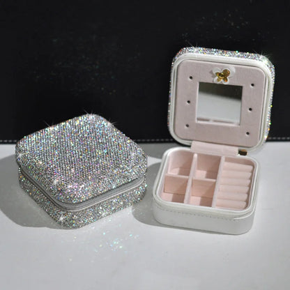Bling Rhinestone Jewelry Box Case Makeup Organizer Dresser Display Cabinet Travel Portable Leather Partition Storage Box