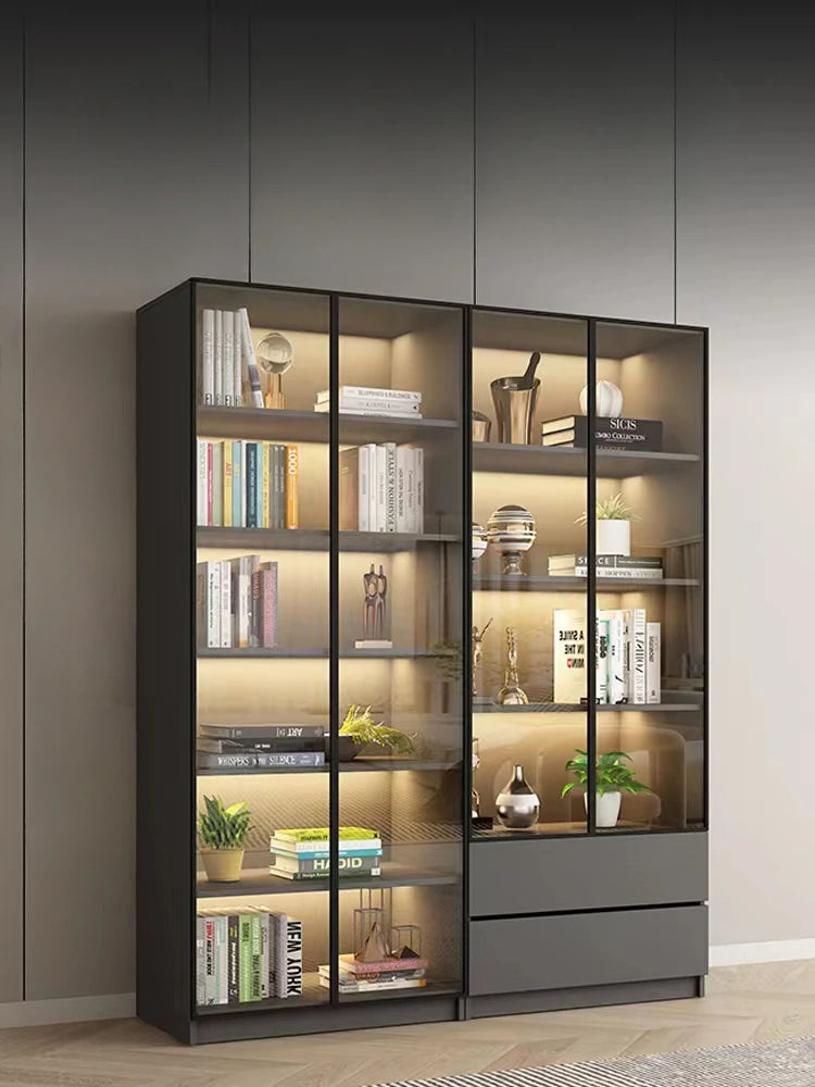 Glass door, light luxury bookcase, living room, floor to wall, dustproof bookcase, bookshelf
