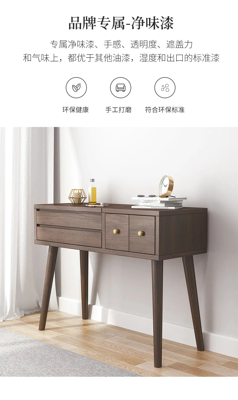 Qf Modern Minimalist Solid Wood Dresser Desk Integrated Mirror Foldable Makeup Table