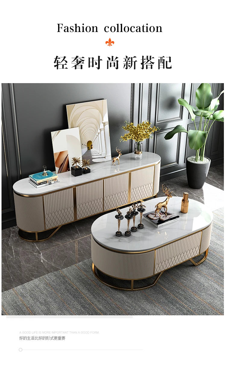 Affordable Luxury Style TV Cabinet and Tea Table Combination Simple Modern Living Room Floor Cabinet Marble