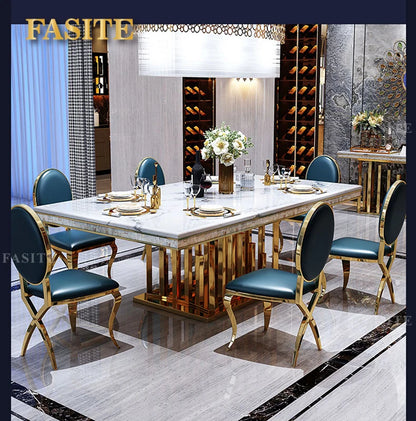 Luxury White Marble Dining Table And Chair Combination Rectangular Household Italian Type Large Concise Mesa Modern Furniture