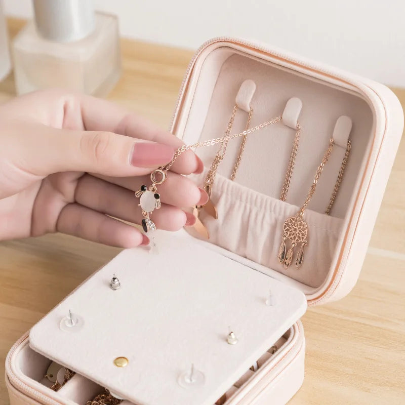 Bling Rhinestone Jewelry Box Case Makeup Organizer Dresser Display Cabinet Travel Portable Leather Partition Storage Box