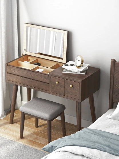 Qf Modern Minimalist Solid Wood Dresser Desk Integrated Mirror Foldable Makeup Table