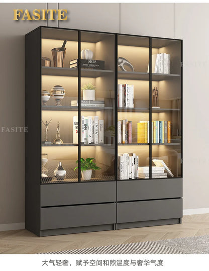 Glass door, light luxury bookcase, living room, floor to wall, dustproof bookcase, bookshelf