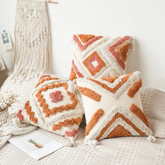 Boho Cushion Cover Tufted Orange Ivory Tassels Warm Color Decoration Pillow Cover Living Room Bedroom Sofa Couch Square 45x45cm