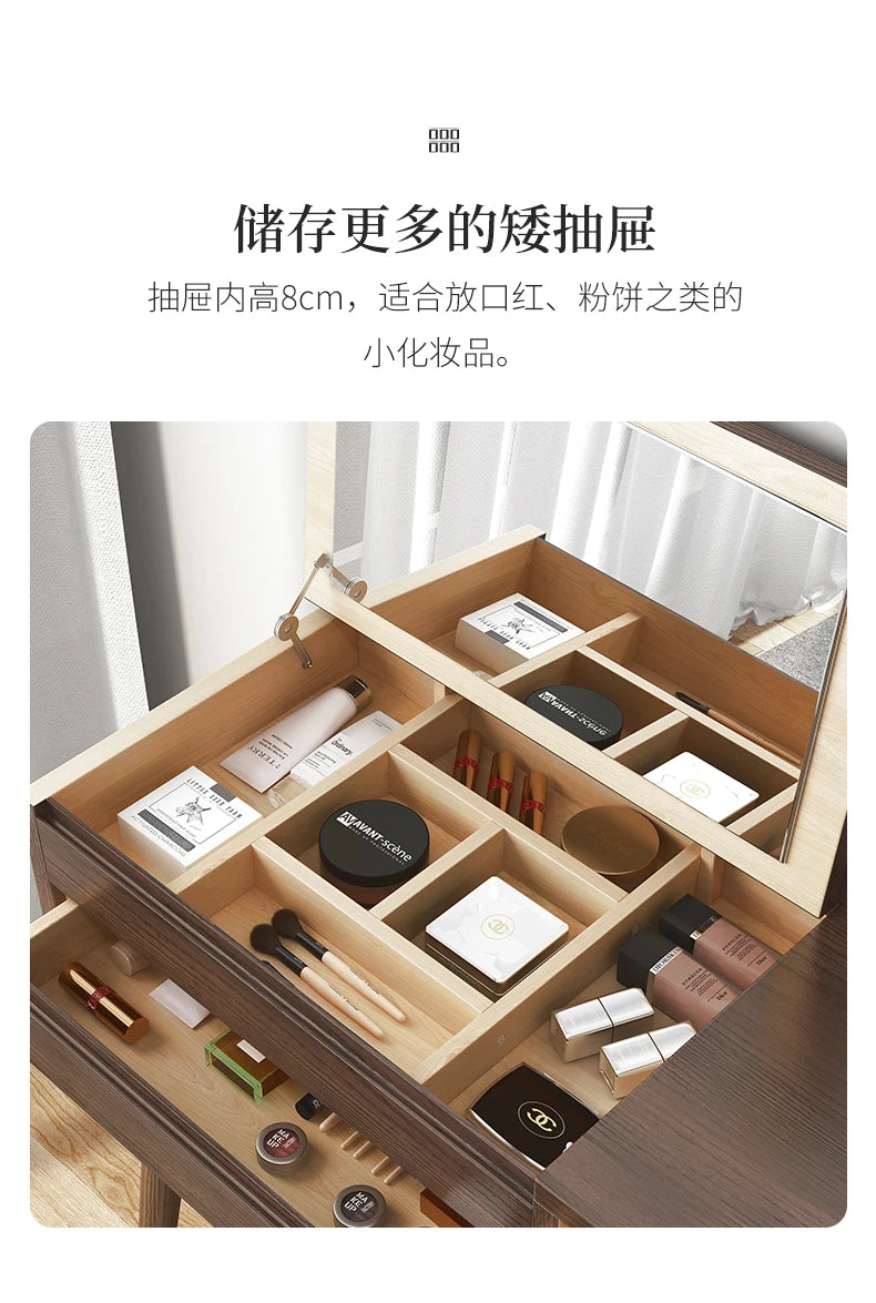 Qf Modern Minimalist Solid Wood Dresser Desk Integrated Mirror Foldable Makeup Table