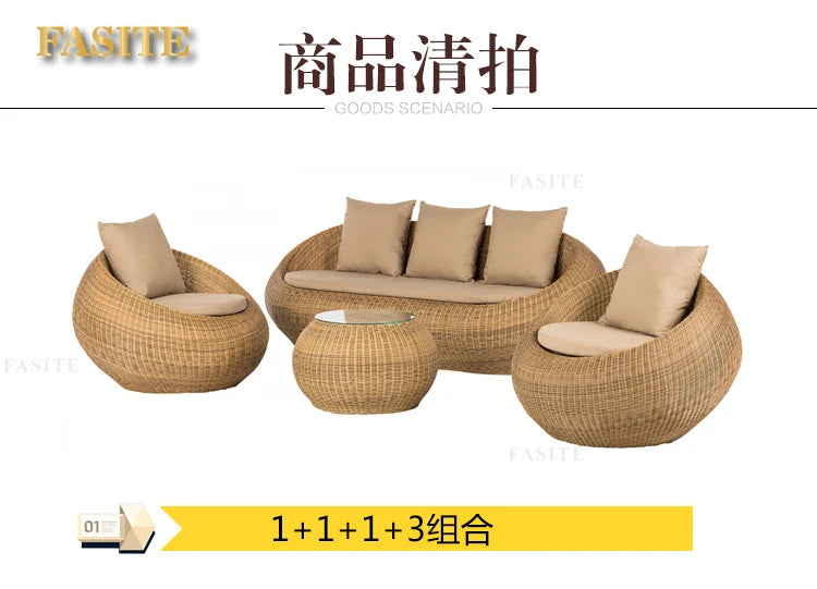 Outdoor rattan sofa combination rattan woven table and chair three piece set of leisure circular sofa furniture
