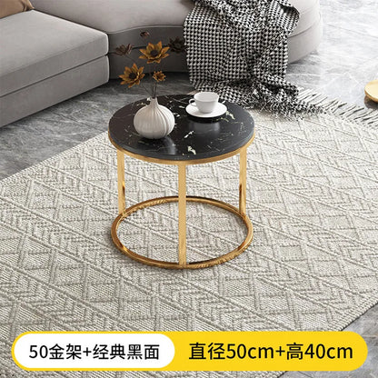 Round Tea Table Living Room Coffee Tables Marble Texture Wooden Combination Furniture Durable Table 70CM 50CM 80CM 60CM