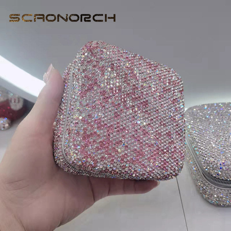 Bling Rhinestone Jewelry Box Case Makeup Organizer Dresser Display Cabinet Travel Portable Leather Partition Storage Box