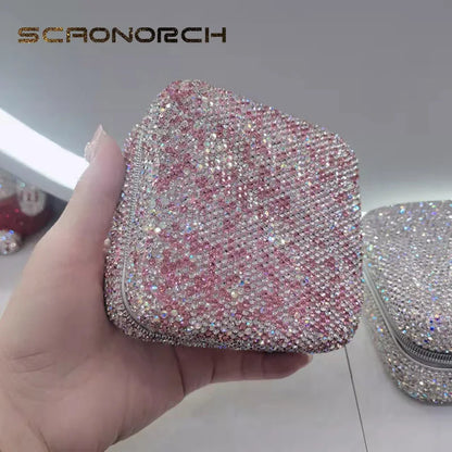 Bling Rhinestone Jewelry Box Case Makeup Organizer Dresser Display Cabinet Travel Portable Leather Partition Storage Box