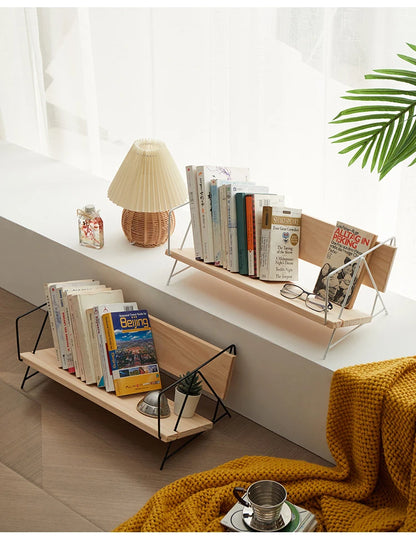 Iron Solid Wood Small Bookshelf Desktop Book Simple Storage Shelf Office Desk Shelf