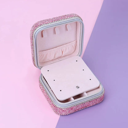 Bling Rhinestone Jewelry Box Case Makeup Organizer Dresser Display Cabinet Travel Portable Leather Partition Storage Box