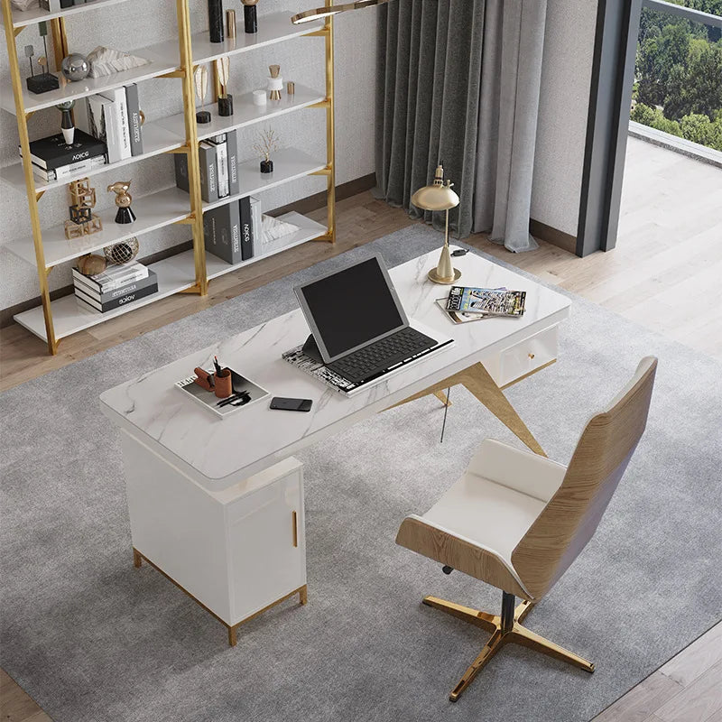 Modern Design Luxury Gold Stainless Steel Computer Table Working Desk with sintered stone for home office furniture set