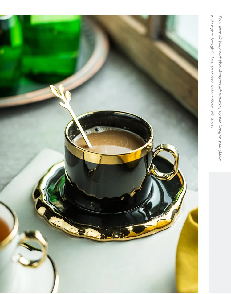Light Luxury Ceramic Mug Dining Room Desktop Golden Stroke Cup and Saucer Set Creative Breakfast Milk Cups Home Decoration