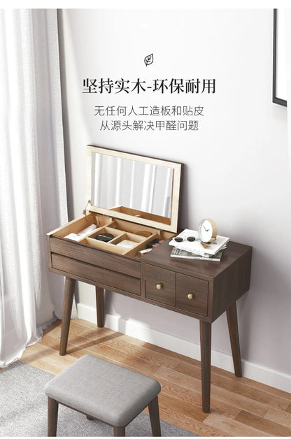 Qf Modern Minimalist Solid Wood Dresser Desk Integrated Mirror Foldable Makeup Table