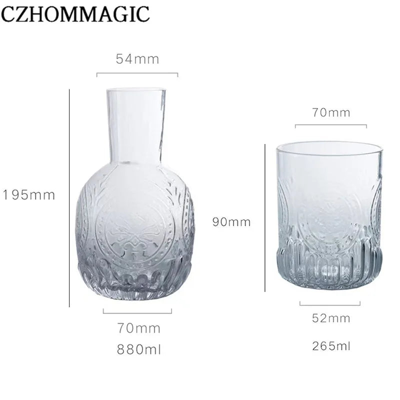 880ml Bedside Water Carafe Glass Cup Drinkware Set Vintage Transparent Cold Water Cup&Bottle for Pitcher Nightstand Bedroom Gift