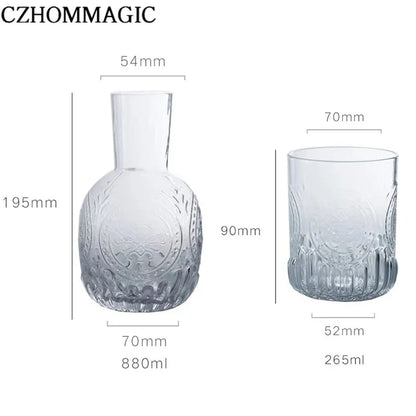880ml Bedside Water Carafe Glass Cup Drinkware Set Vintage Transparent Cold Water Cup&Bottle for Pitcher Nightstand Bedroom Gift
