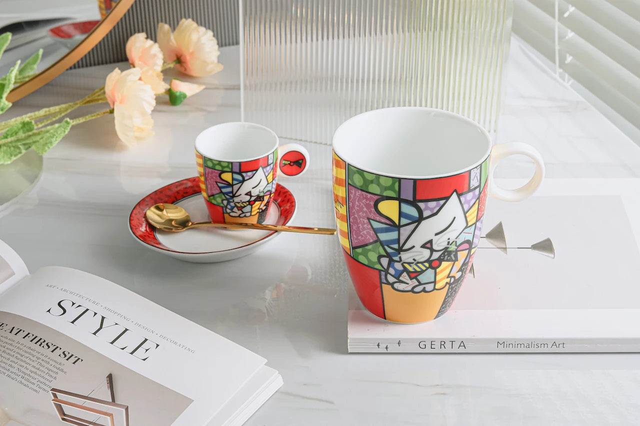 German Blue Cat European Creative Mini Ceramic Coffee Cup Tea Cups and Saucer Sets  Coffee Cup  Cute Cup  Teacup Mug