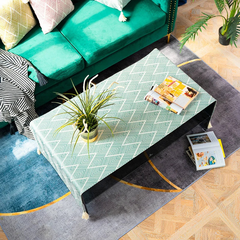 Cotton Linen Coffee Table Cloth,Coffee Table Cover with Tassels TV Cabinet Waterproof Rectangle Wavy Tablecloths