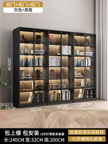 Glass door, light luxury bookcase, living room, floor to wall, dustproof bookcase, bookshelf
