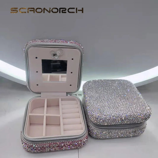 Bling Rhinestone Jewelry Box Case Makeup Organizer Dresser Display Cabinet Travel Portable Leather Partition Storage Box