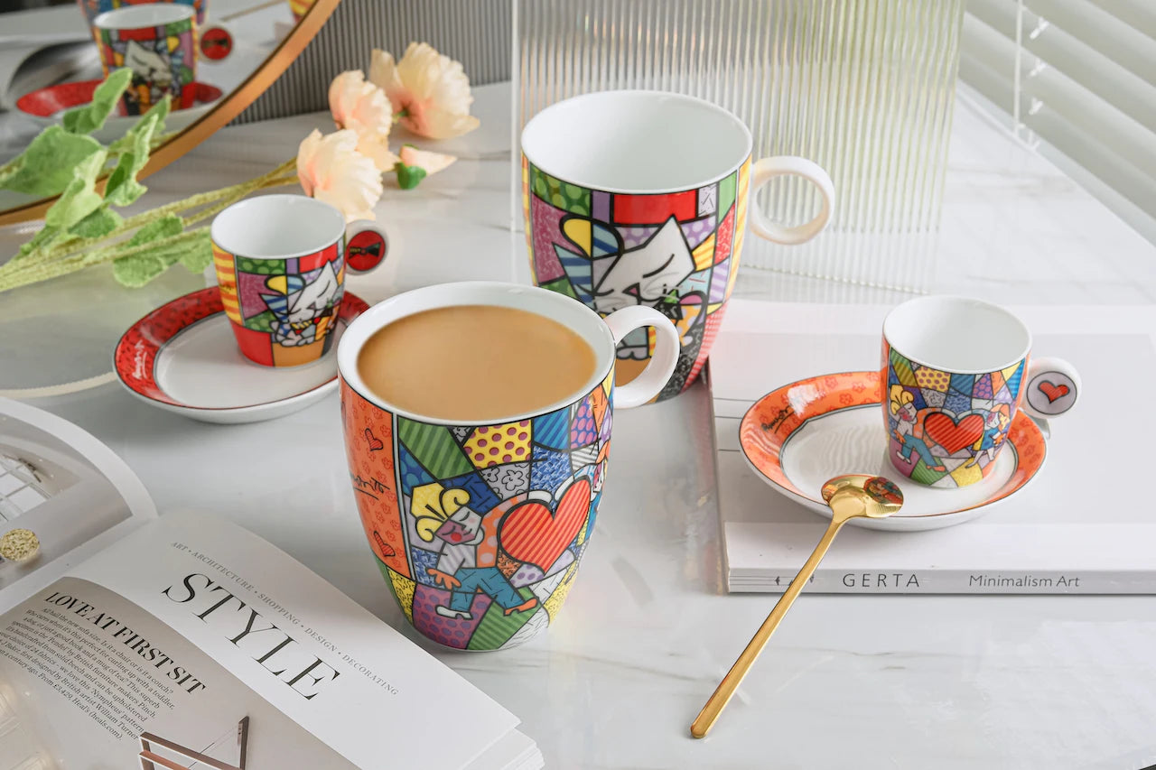 German Blue Cat European Creative Mini Ceramic Coffee Cup Tea Cups and Saucer Sets  Coffee Cup  Cute Cup  Teacup Mug
