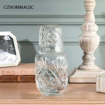550ml Diamond Bedside Water Carafe and Glass Set for Bedroom Nightstand Vintage Night Water Pitcher with Tumbler Cup for Juice