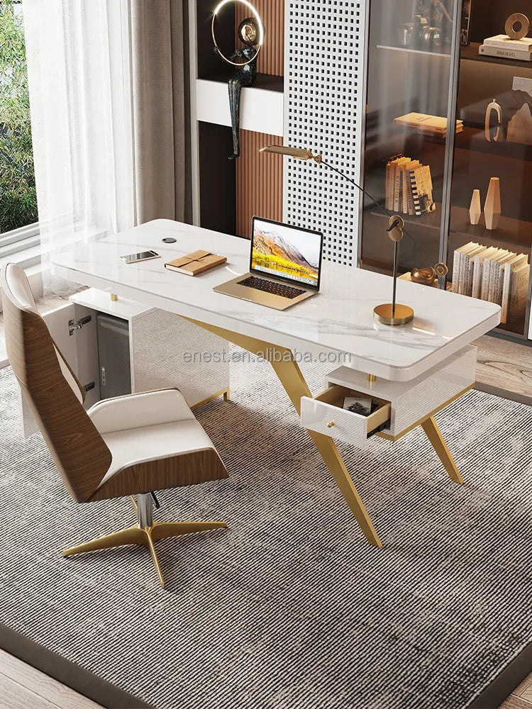 Modern Design Luxury Gold Stainless Steel Computer Table Working Desk with sintered stone for home office furniture set
