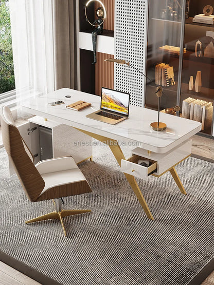 Modern Design Luxury Gold Stainless Steel Computer Table Working Desk with sintered stone for home office furniture set