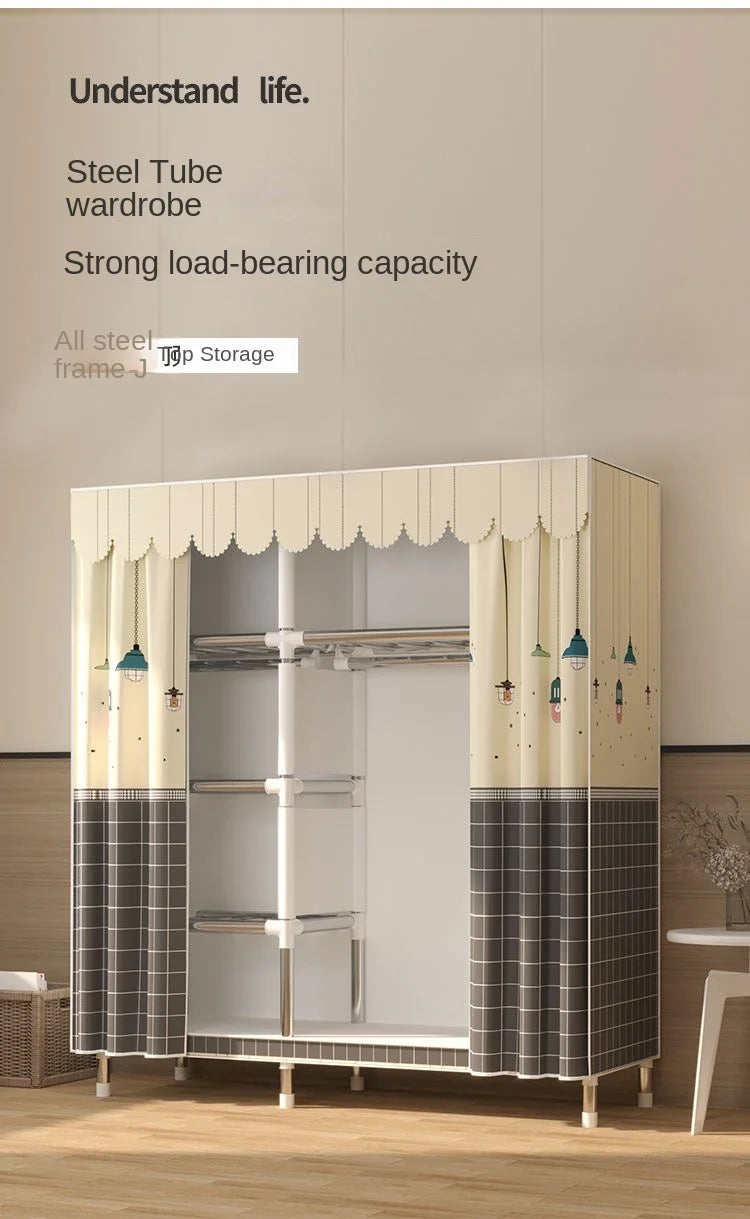 Simple Wardrobe Cloth Closet Furniture For Home Household Bedroom Assembly Cabinet Steel Pipe Reinforced Storage Rack Wardrobe