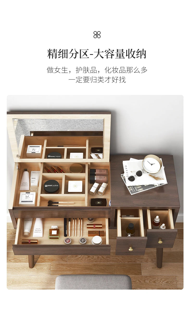 Qf Modern Minimalist Solid Wood Dresser Desk Integrated Mirror Foldable Makeup Table