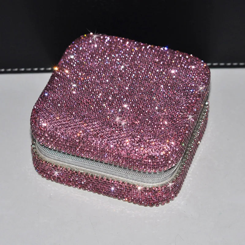 Bling Rhinestone Jewelry Box Case Makeup Organizer Dresser Display Cabinet Travel Portable Leather Partition Storage Box