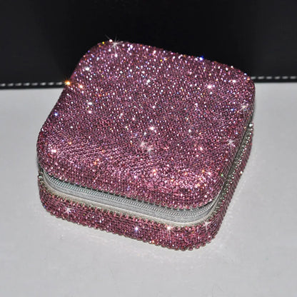 Bling Rhinestone Jewelry Box Case Makeup Organizer Dresser Display Cabinet Travel Portable Leather Partition Storage Box