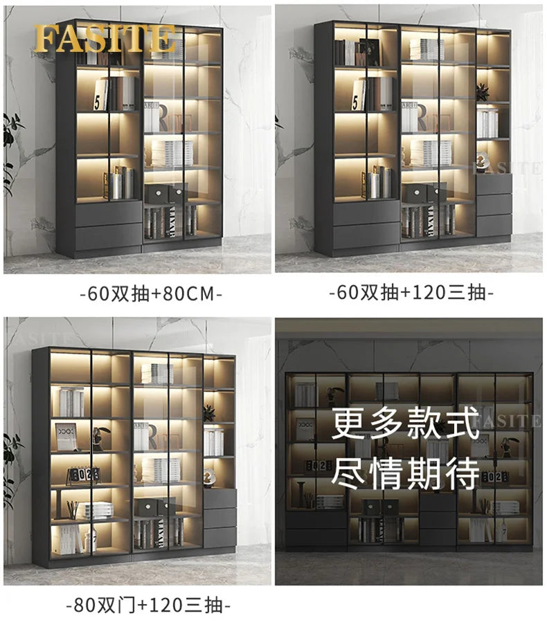 Glass door, light luxury bookcase, living room, floor to wall, dustproof bookcase, bookshelf