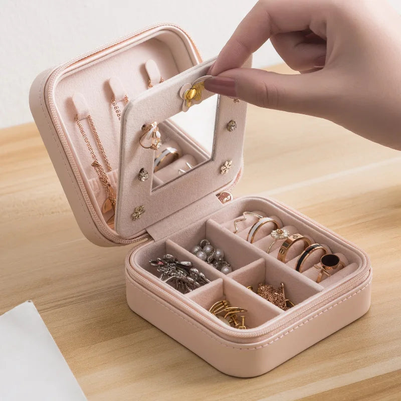 Bling Rhinestone Jewelry Box Case Makeup Organizer Dresser Display Cabinet Travel Portable Leather Partition Storage Box