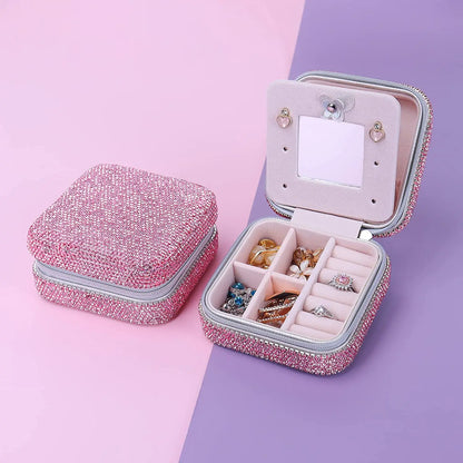 Bling Rhinestone Jewelry Box Case Makeup Organizer Dresser Display Cabinet Travel Portable Leather Partition Storage Box