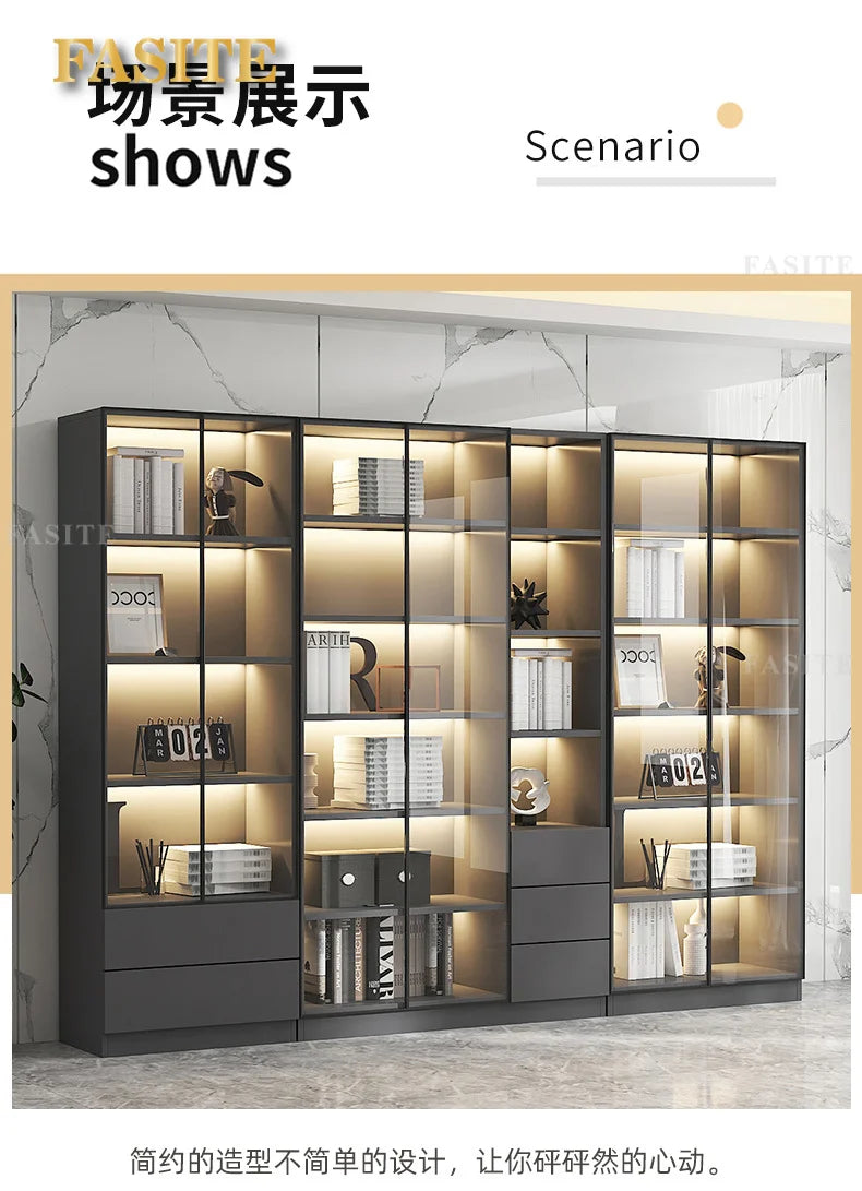 Glass door, light luxury bookcase, living room, floor to wall, dustproof bookcase, bookshelf