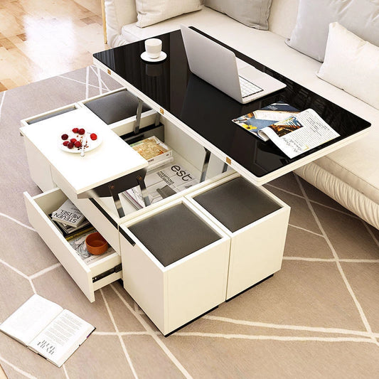Tea table, dining table, multifunctional lifting and folding, simple modern living room, creative tempered glass coffee table
