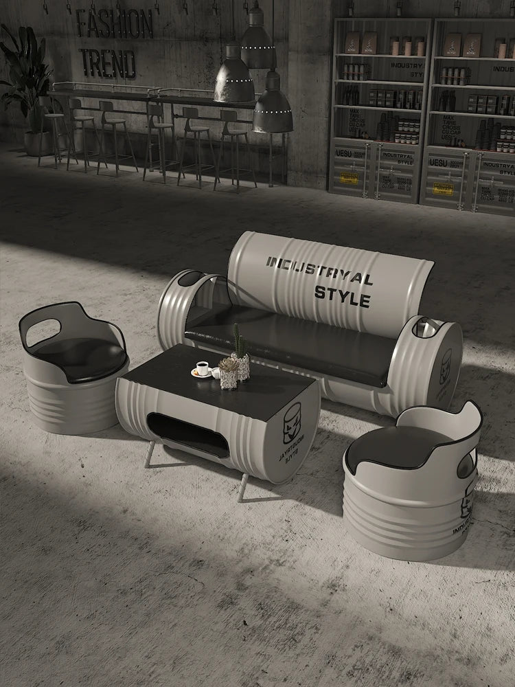 Deck Sofa KTV Casual Small Quiet Bar Retro Creative Oil Drum Iron Customization Industrial Style Bar Table and Chair Combination