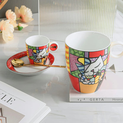 German Blue Cat European Creative Mini Ceramic Coffee Cup Tea Cups and Saucer Sets  Coffee Cup  Cute Cup  Teacup Mug