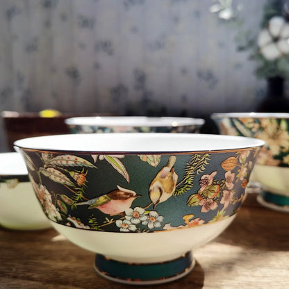 Bone china tableware Chinese style pastoral style 4.5 inch rice bowl flower bird embossed flower 8 inch plate 12 inch fish plate
